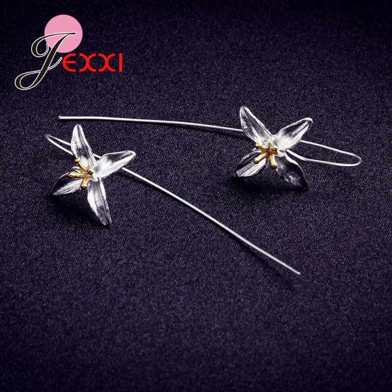 Простые 925 пробы Серебряные длинные серьги в форме цветка капли с цветами лилии