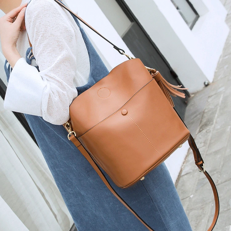 

SUDS Brand Real Cow Leather Bucket Bags Women Fashion Tassel Genuine Leather Shoulder Bags Designer High Quality Messenger Bags