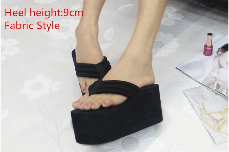 black fabric 9cm Женские пляжные вьетнамки; Летняя обувь на очень высоком каблуке; женские босоножки на танкетке без застежки; шикарный стиль; женские модные шлепанцы; SH041101 - Цвет: black fabric 9cm