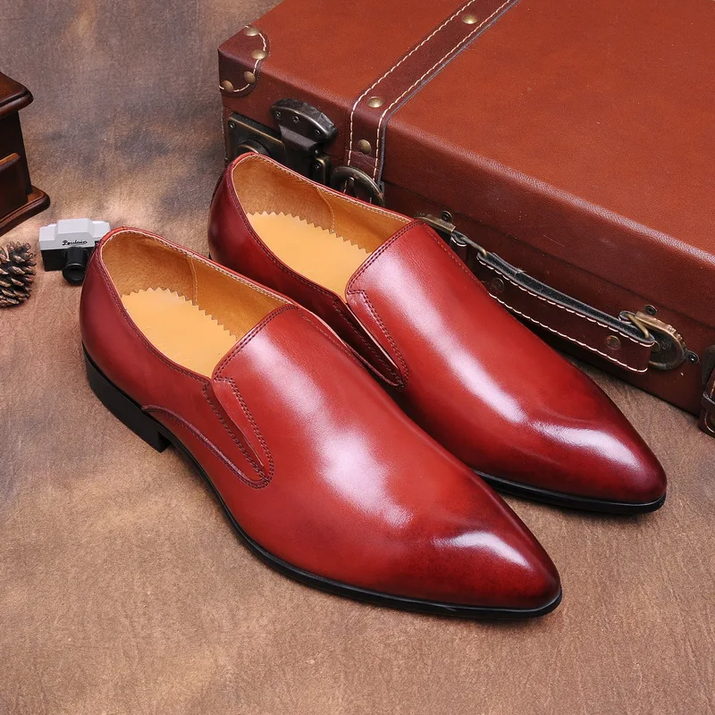 

Red Black Men Real Leather Slip On Handmade Pointed Toe Spring Autumn Dress Wedding Oxfords Shoes Man Business Office Shoes
