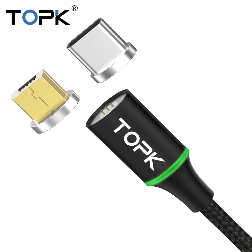 TOPK F Mini3 светодиодный магнитный кабель usb type C и Micro USB для samsung huawei Xiaomi LG OnePlus