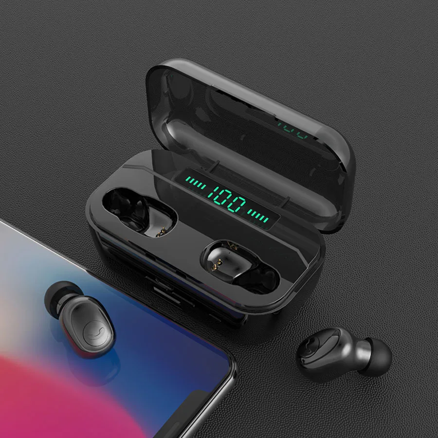 black 5,0 Bluetooth наушники TWS настоящие беспроводные наушники спортивные громкой связи Наушники стерео Беспроводная bluetooth-гарнитура с микрофоном для телефона - Color: black