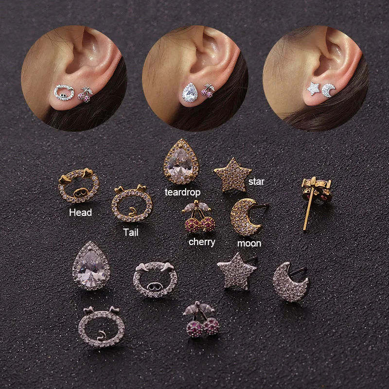 Серьги гвоздики Sellsets с фианитами изящная серьга серебряная и Золотая Звезда Луна