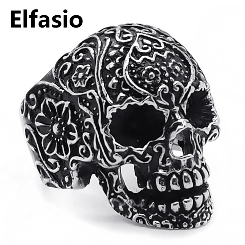 

Men's Women's Stainless Steel Ring Band Gothic Flower Skull Biker Ring Wholesale Jewelry Size 6-14