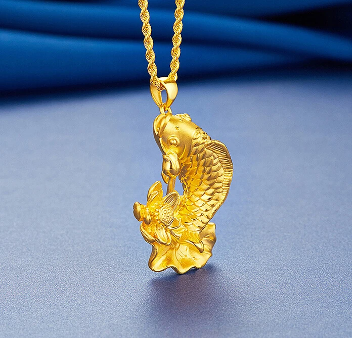 

New Pure 999 24k Yellow Gold 3D Women's Bless Lotus Fish Pendant