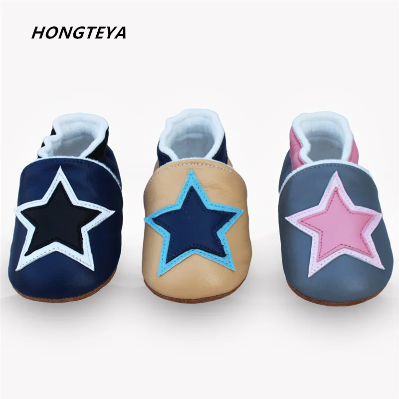 Мокасины HONGTEYA детские из натуральной кожи прочная подошва со звездами плюшевая