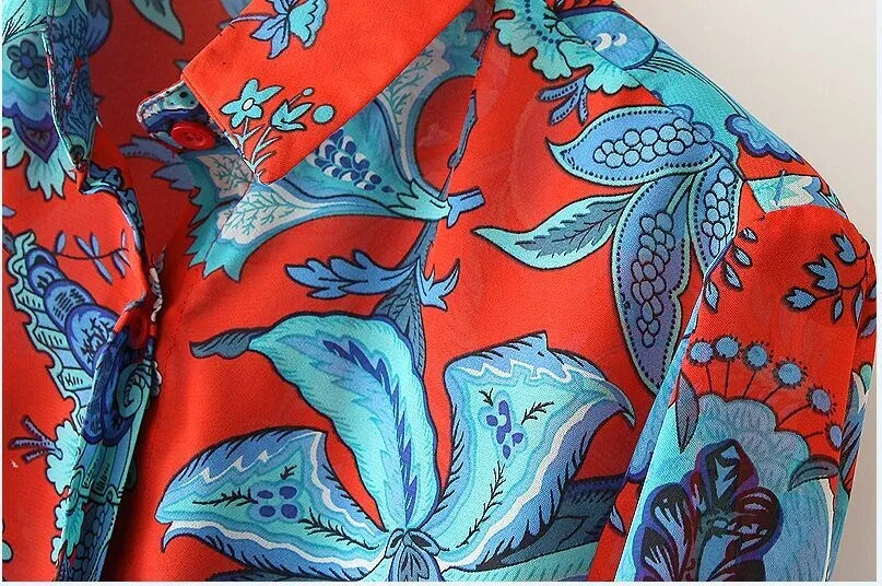 Women red floral print blouses vintage turn down collar long sleeve office work shirts casual loose tops LT231 |