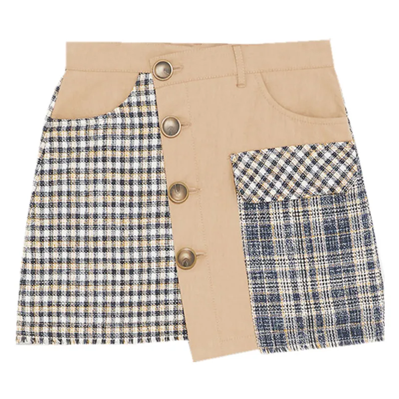 

New style women s 19 Spring high waist Plaid stitching buttons show thin A skirt skirt 2118 202