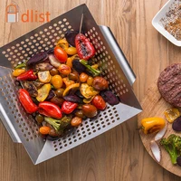 stainless steel grill basket bbq plate non stick baking pan topper square vegetable meat fruit grilling tray bbq accessory 30cm