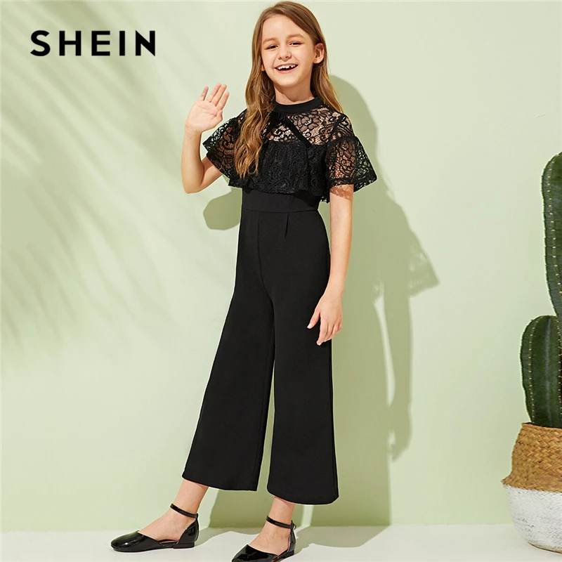 SHEIN детский черный комбинезон с открытыми плечами, контрастная кружевная отделка, широкие штаны, вечерние комбинезоны для девочек, коллекция года, летние комбинезоны на молнии с коротким рукавом