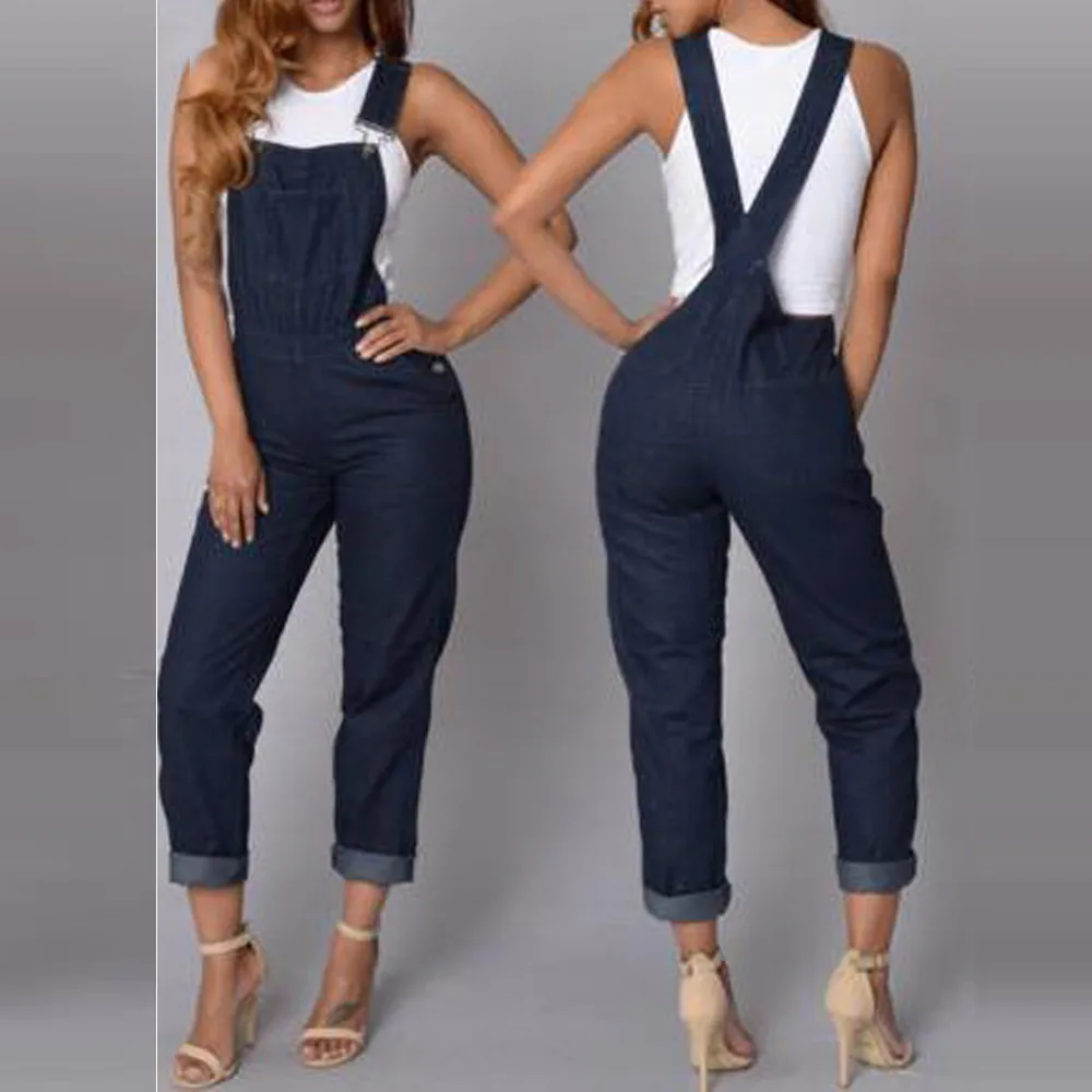 2019 Модный женский однотонный джинсовый длинный комбинезон без рукавов на