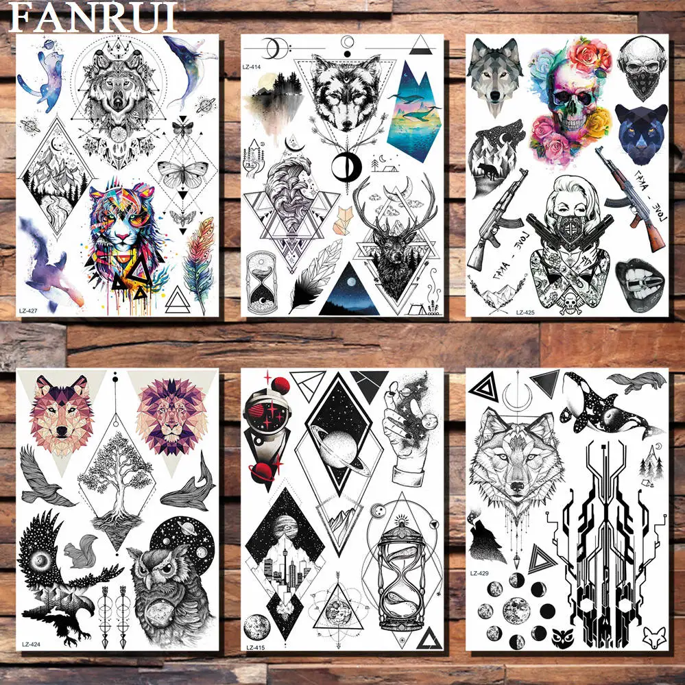 

FANRUI геометрический ромб городские планеты временная татуировка наклейка для мужчин женщин мужчин искусство тела 3D Волк песочные часы тату ...
