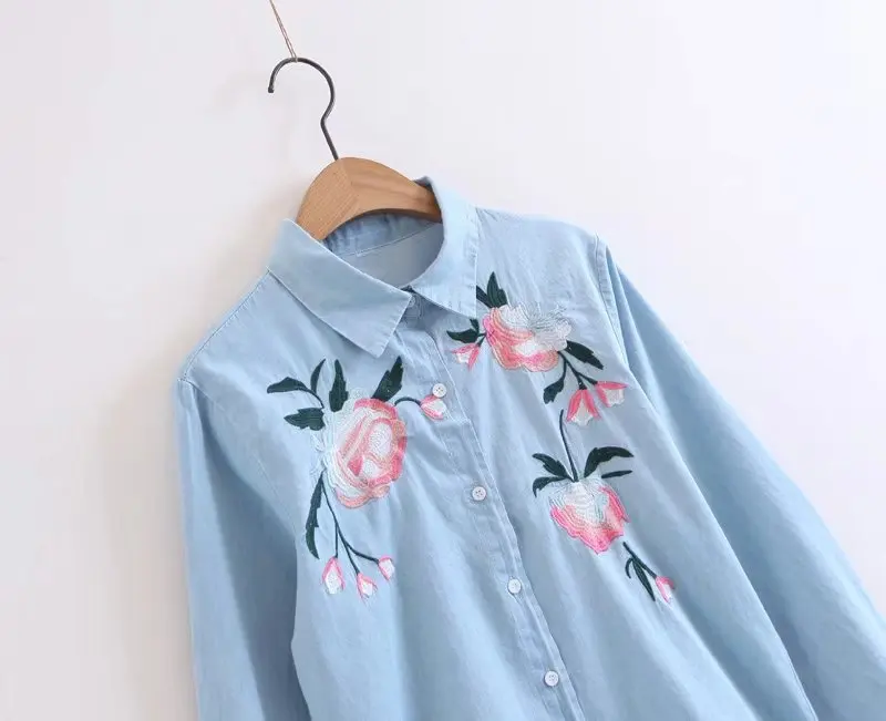 Винтаж цветочный Вышивка синие джинсы блузка рубашка Для женщин 2017 Новая мода