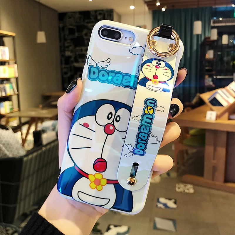 Мягкий чехол из ТПУ с ремешком на запястье для iphone XS max милый Doraemon 8 plus 7 6 S p X XR
