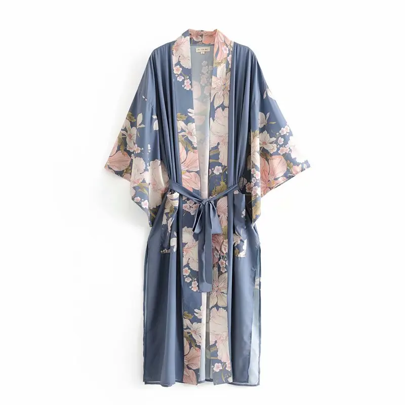 Boho Винтаж цветочный принт пояса для женщин богемный V образным вырезом рукава летучая мышь дамы блузки happie Макси кимоно Халат