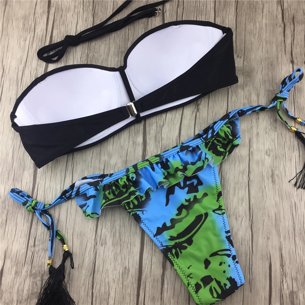 Новинка 2017 бикини женский купальник с низкой талией черный золотой линией пуш ап