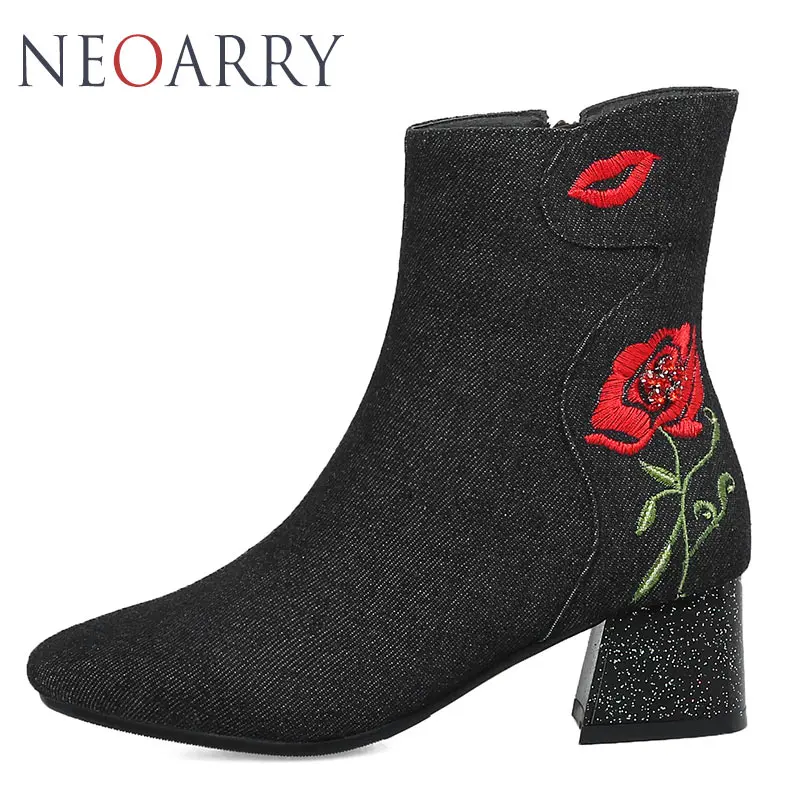 Neoarry Embroider Floral Denim Boots Ladies Party Shoes Chunky Block Med Heel String Beading Ankle Large Size 32-48 T90 | Обувь