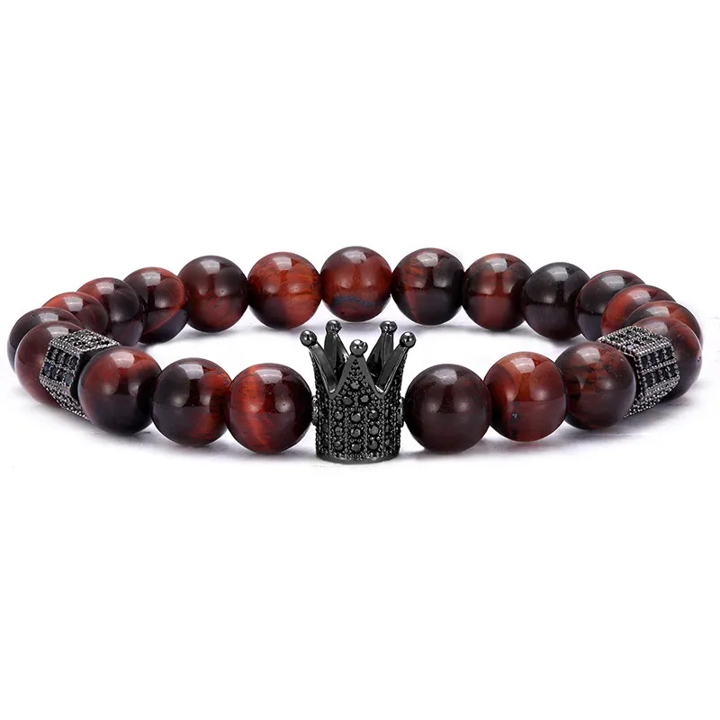 Браслет мужской из натурального камня тигровый глаз с бусинами и короной |