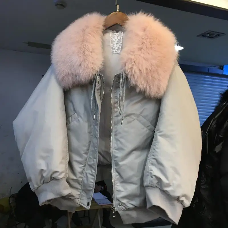 Korea winter woman duck down coat short jacket for ladies bat sleeves with fox fur collar grey white black green big size