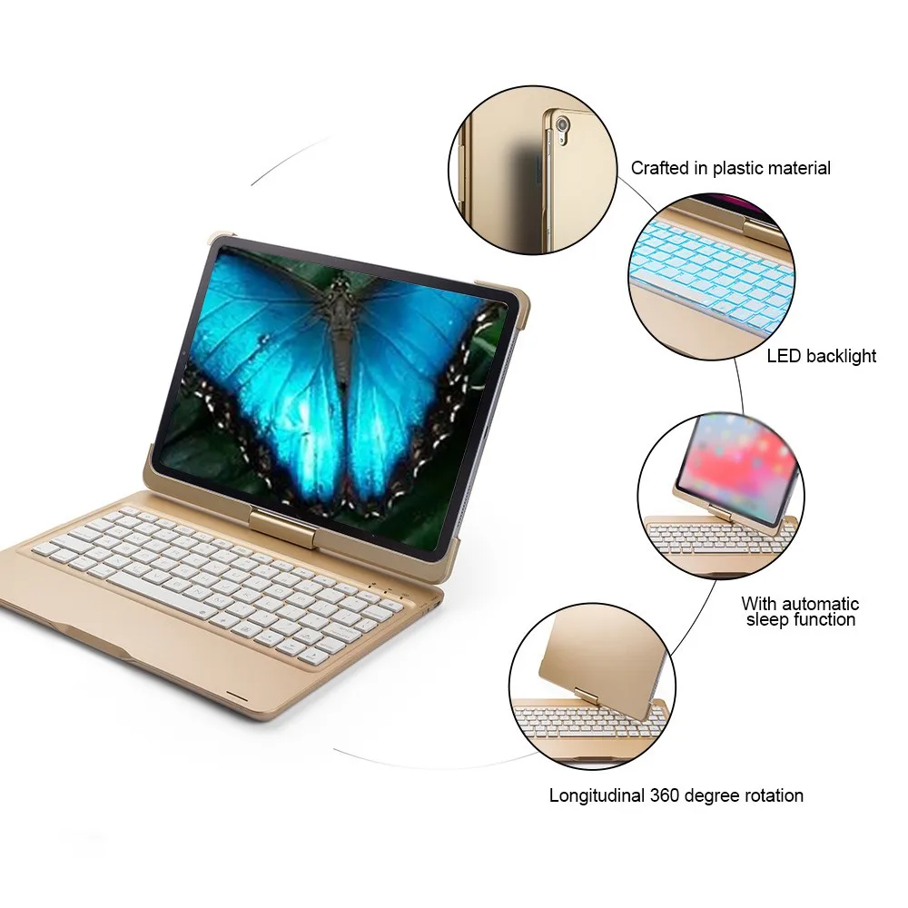 Чехол для iPad Pro 11 ’’ 10.5 ‘’ 9.7 ’’ 7 Цветная подсветка 360 Rotatio Крышка беспроводной клавиатуры Bluetooth Складная беспроводная клавиатура