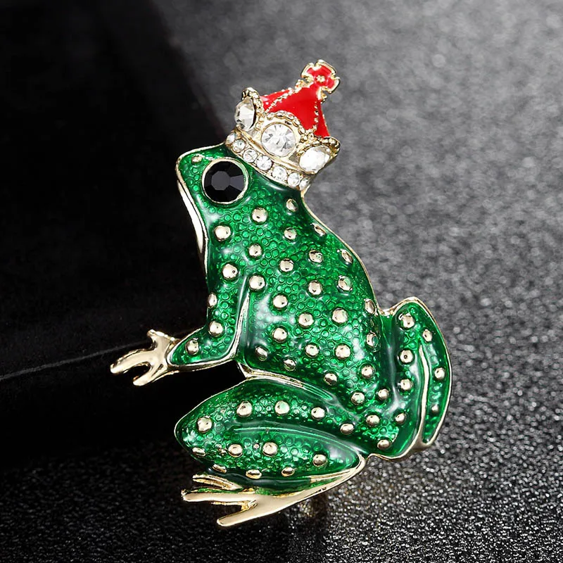 

12pcs/lot Wholesale Fashion Cute Red Crown Prince of Frog Brooch Jewelry Clothes Suit Green Enamel Pin Large Animal Brooches