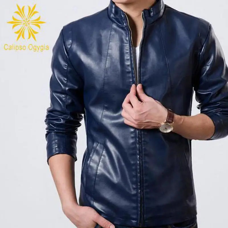 Мужская кожаная куртка Blouson Moto Homme синяя облегающая Байкерская мотоциклетная