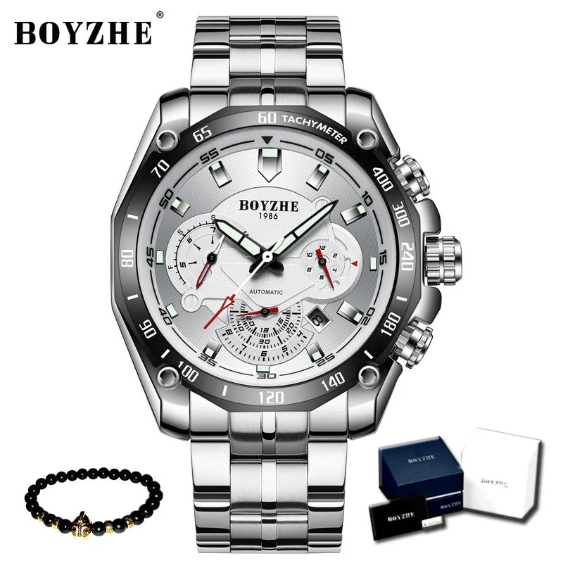 Silver BOYZHE роскошные механические часы многофункциональные спортивные часы из нержавеющей стали мужские светящиеся водонепроницаемые наручные часы relogio masculino - Цвет: Silver