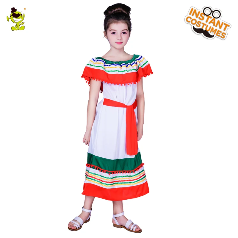 

Girl's Summer Dress Off-shoulder Rainbow Mexican Costumes Kids Mexico Girl Decoration Fancy Dress Party Shows