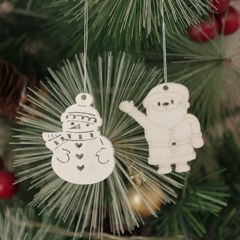 6pcs Snowman Tree Deer Christmas Snowflakes White Pattern Wooden Pendants Party Ornaments Decoration | Дом и сад