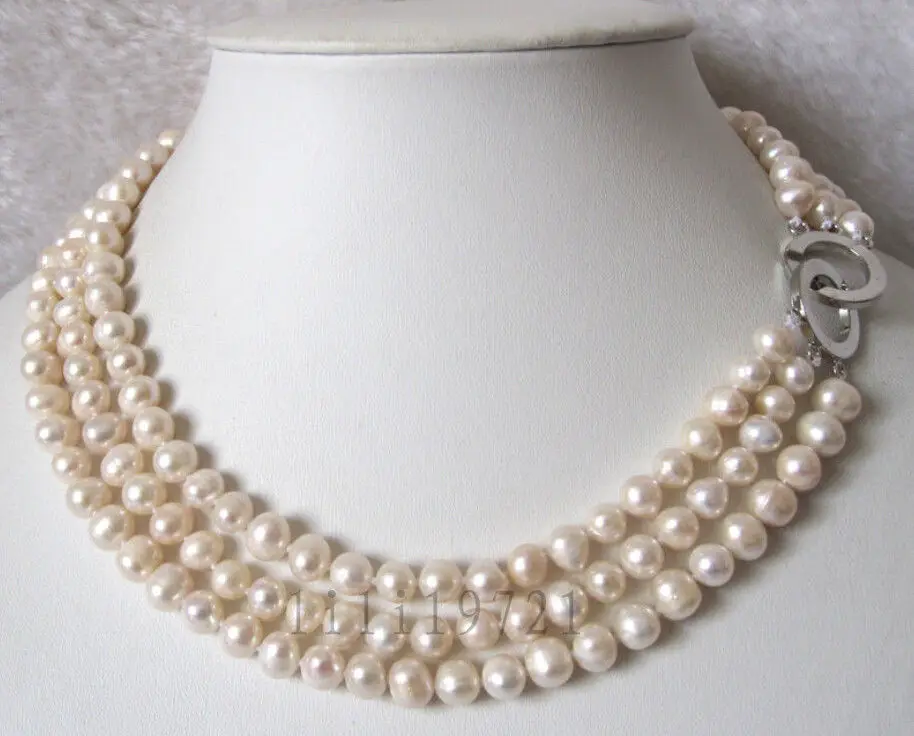 

FREE SHIPPING 3 Row 7-8mm White Freshwater Cultured Pearl Necklace 16-18"