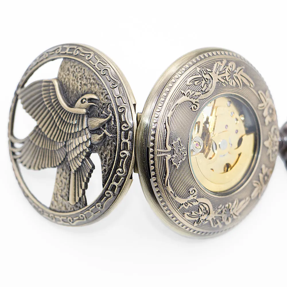 New Vintage&Antiuqe Eagle Shape Automatic Mechanical Pocket Watches Wooden Dial with Unisex Fob Chain Watch Best Gift PJX1347