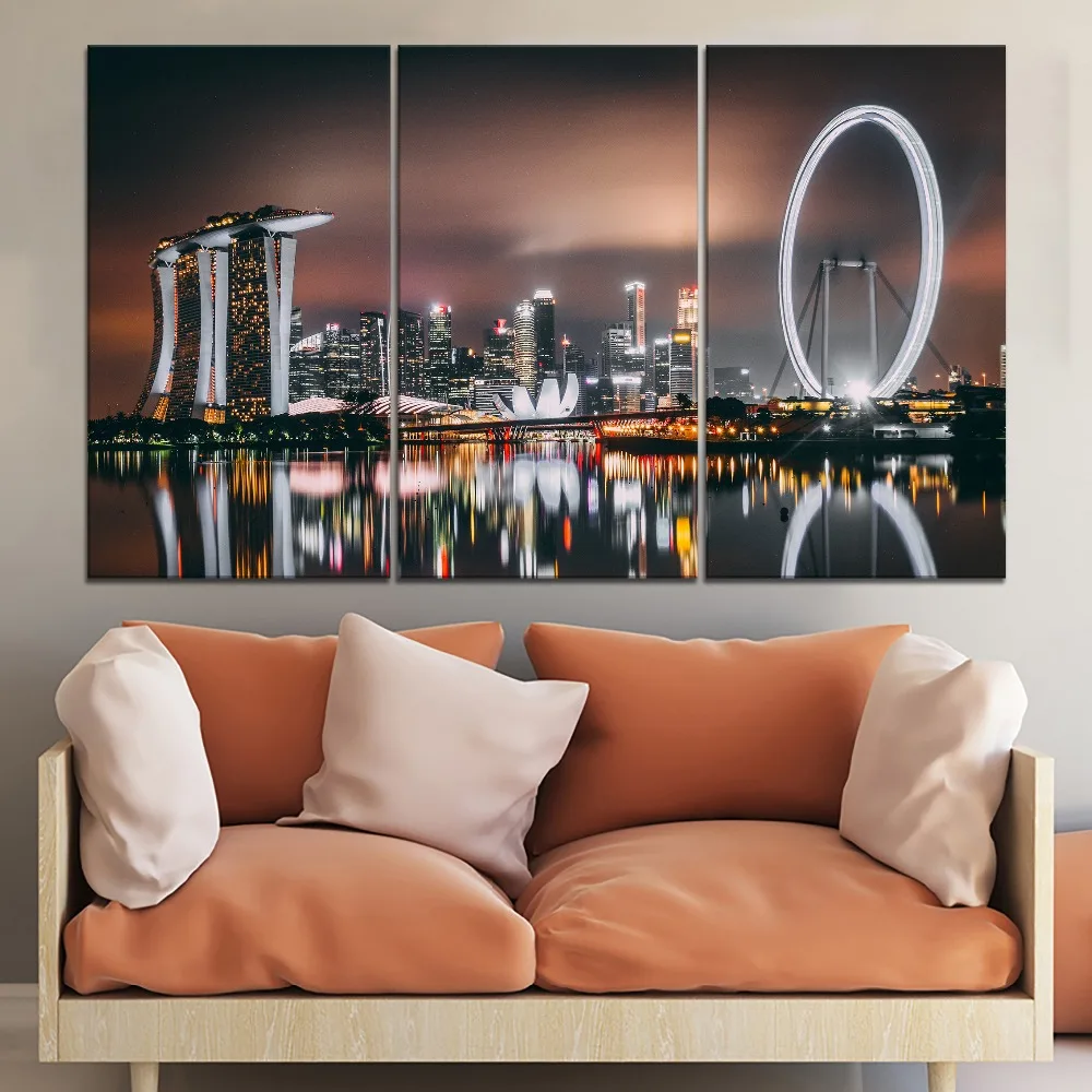 Canvas Painting Home Decor 4 Piece Singapore Night Skyscrapers Buildings Poster Prints River Shore Reflection Pictures Wall Art | Дом и сад