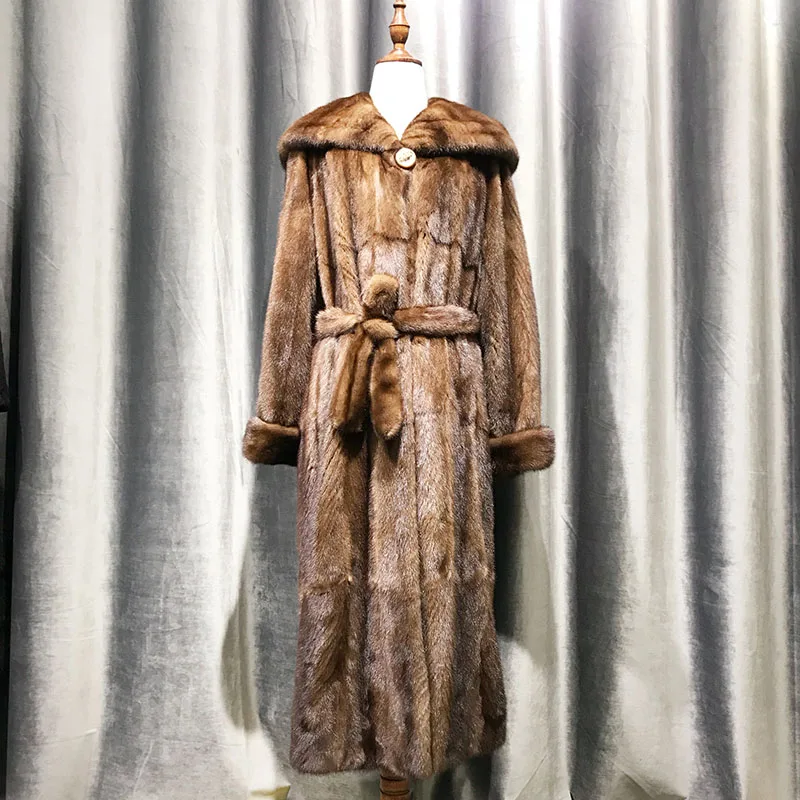 Tatyana Furclub норковая шуба X-Long Robe полный натуральный мех норки Мода тонкий мех Пелт пояса для пальто Роскошные женские норковые шубы - Цвет: 120cm Light coffee