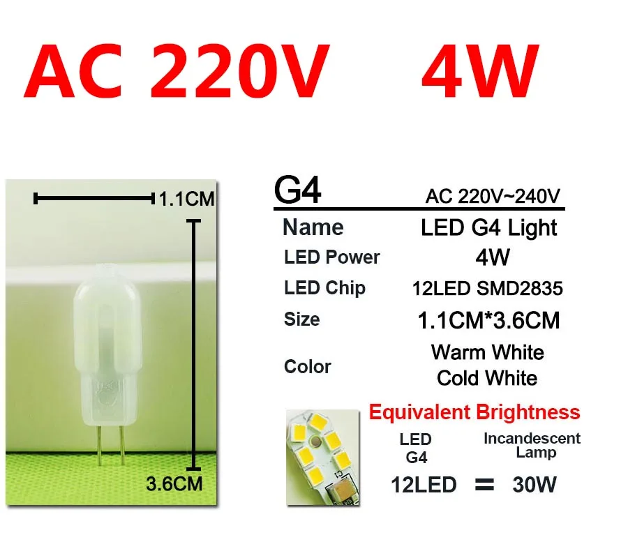 G4 220V 4W 10 шт. светодиодный светильник G9 220 В с регулируемой яркостью/G4 AC DC 12 В/220 В светодиодный светильник 4 Вт 5 Вт 6 Вт 7 Вт сменный галогенный Кристалл лампада ампула Bombilla - Испускаемый цвет: G4 220V 4W