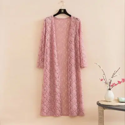 Pink Летний Тонкий красный длинный кардиган кружева Защита от солнечных лучей на пляже одежда плюс размер выдалбливают Пальто Повседневная Женская шаль куртка Mujer 5XL - Цвет: Pink