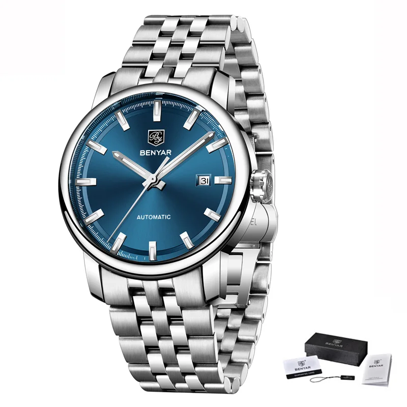Steel Silver Blue BENYAR новые деловые мужские механические часы водонепроницаемые из натуральной кожи брендовые Роскошные автоматические наручные часы Relogio Masculino - Цвет: Steel Silver Blue