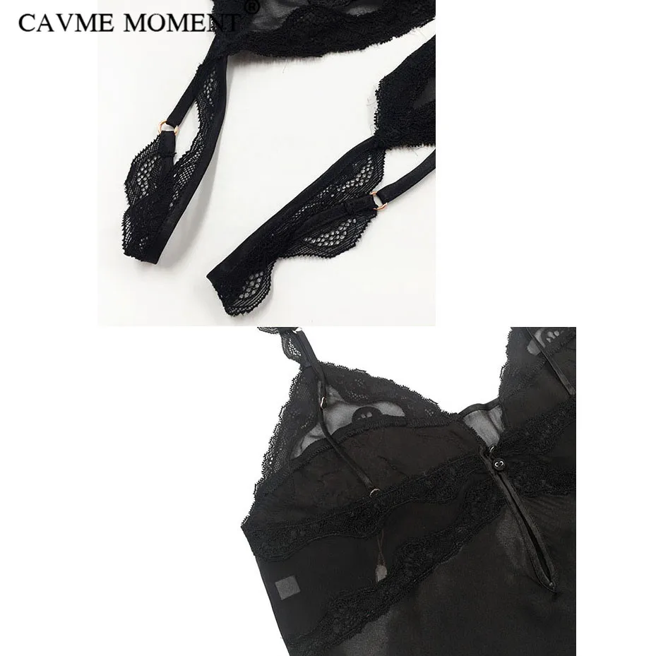 CAVME Luxury Silk Pajama Sets Women Ladies's Lace Spaghetti Strap Shorts Sleepwear Solid Color Black 2 Pieces Homewear for 135G