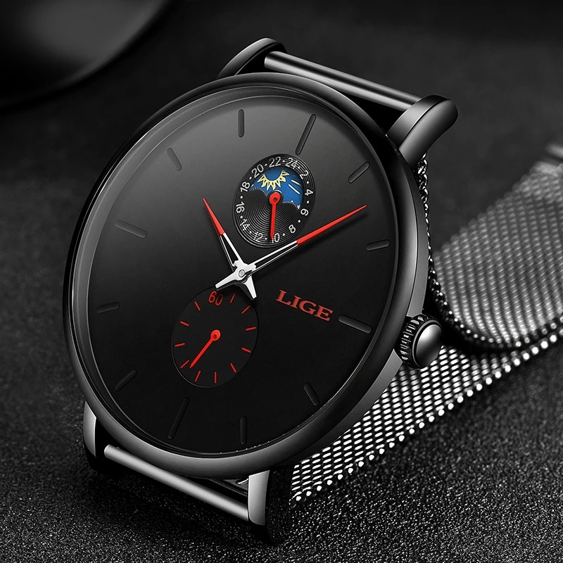 Часы наручные LIGE мужские с тонким циферблатом модные брендовые Роскошные