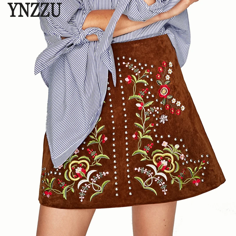 

YNZZU Vintage Embroidered Floral Women Leather Suede Skirts 2017 Autumn Fashion High Waist A Line Elegant Mini Skirts YB168