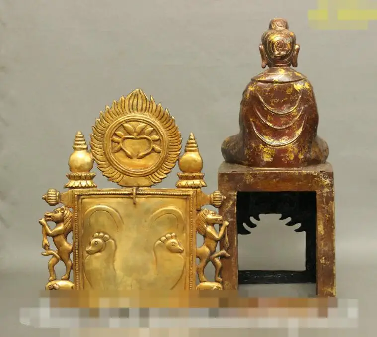 

S02704 28" Old Tibet Buddhism Temple Bronze Gilt Amitayus Auspicious Buddha Lion Statue