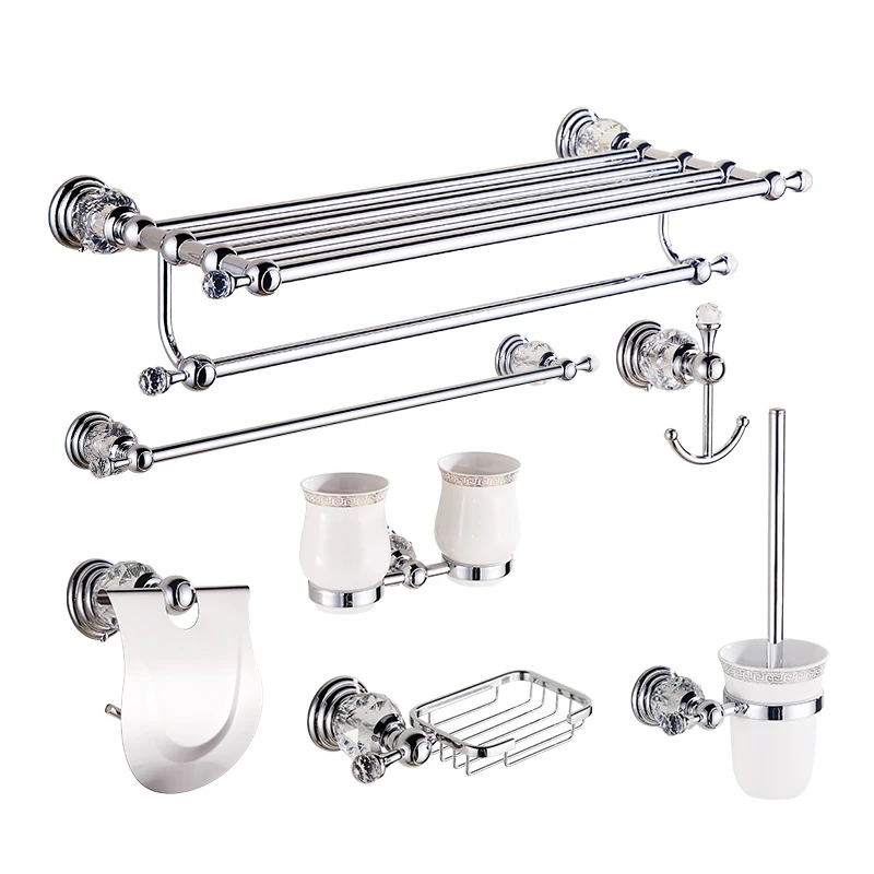 

European Crystal Towel Rack Set Bathroom Shelf Chrome Toilet Brush Holder Wall Mounted Bathroom Hardware Accessories vanity set
