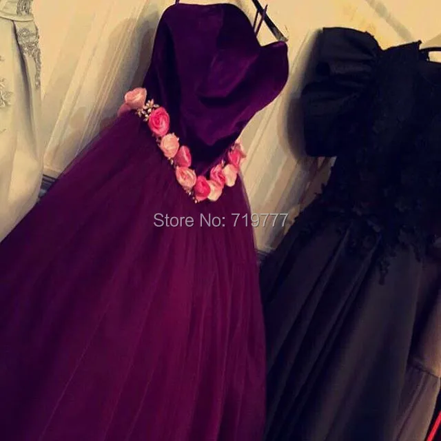 Puffy Purple Evening Dresses Ball Gown Prom With Handmade Flower Soft Velour Party Gowns Kaftan Arabic Dubai Formal Gow | Свадьбы и