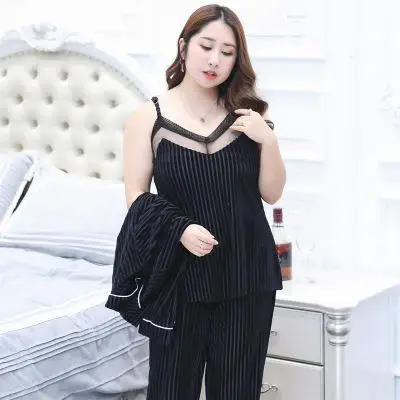Новинка, черный комплект из 3 предметов, Cami& Pants& Shirt, домашняя одежда, осенняя Женская одежда для сна, комплект, сексуальный сетчатый жилет с воротником в виде цветка, Пижамный костюм размера плюс XXXL - Цвет: Black