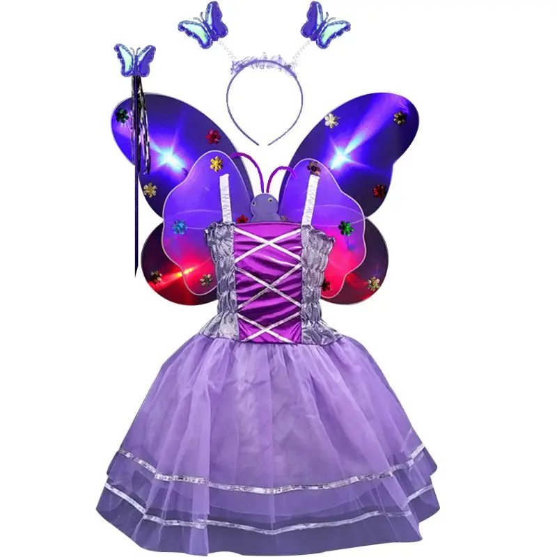 Purple Комплект из 4 предметов, костюм феи, длинное платье-пачка принцессы без рукавов для девочек светодиодный, двухслойный, с крыльями бабочки, с волшебной палочкой, повязка на голову, вечерние, на возраст от 3 до 10 лет - Цвет: Purple