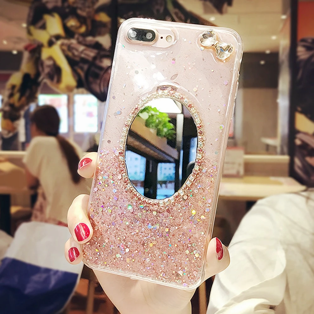 Heyytle Cute Glitter Phone Case For iPhone X 8 7 6 6s Plus Cases Mirror Back Cover Buling Crystal Bow Pattern Soft Female Shell |