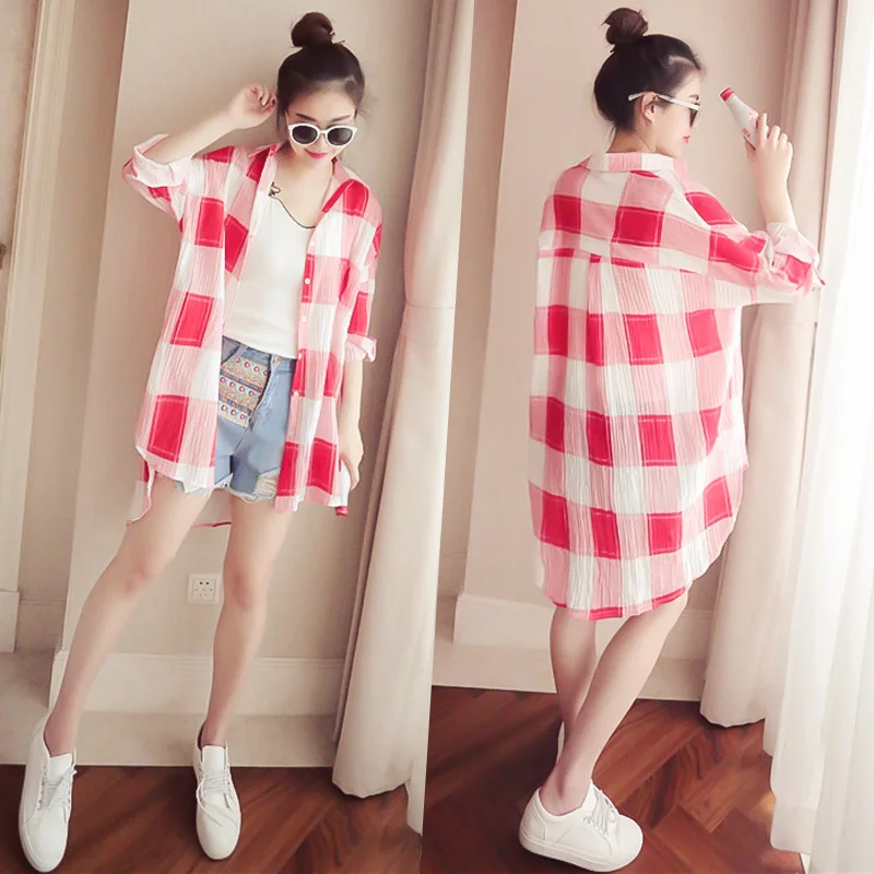 2018 New Fashion Women Large Blue Red Plaid Stripe Half Frill Sleeve Lapel Long Women's Tops blusas blouse |