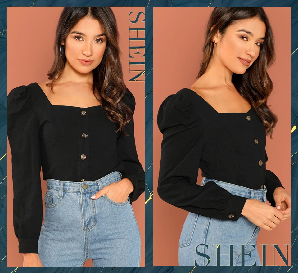 SHEIN Блузка На Пуговицах С Квадратным Вырезом И Оригинальным Рукавом Женский Осенний Черный Элегантный Топ С Длинными Рукавами