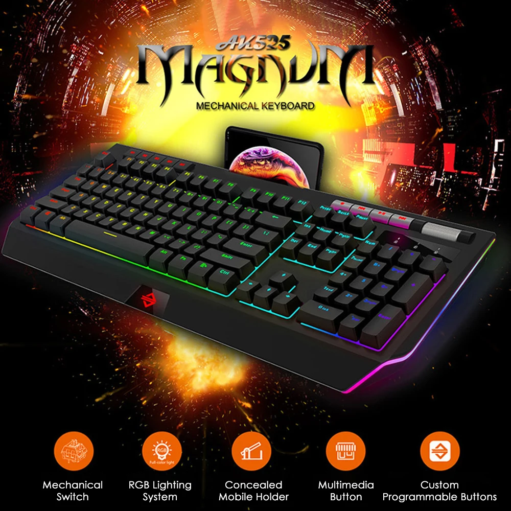 Ajazz AK525 механическая клавиатура RGB светильник USB Проводная игровая клавиатура с подсветкой с держателем для телефона мультимедийный ролик программируемый