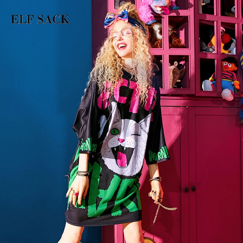 ELFSACK, женские платья с принтами больших кошек, женские короткие платья с буквенным принтом размера s, шифоновое мягкое летнее платье с котом размера плюс