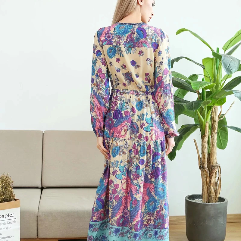 Boho Фламинго осеннее платье с длинными рукавами экзотические Цветочный принт